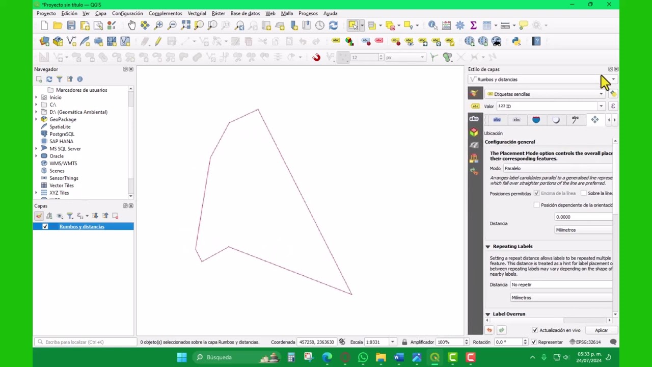 Cálculo de rumbos y distancias, etiquetado basado en reglas QGIS 3 38