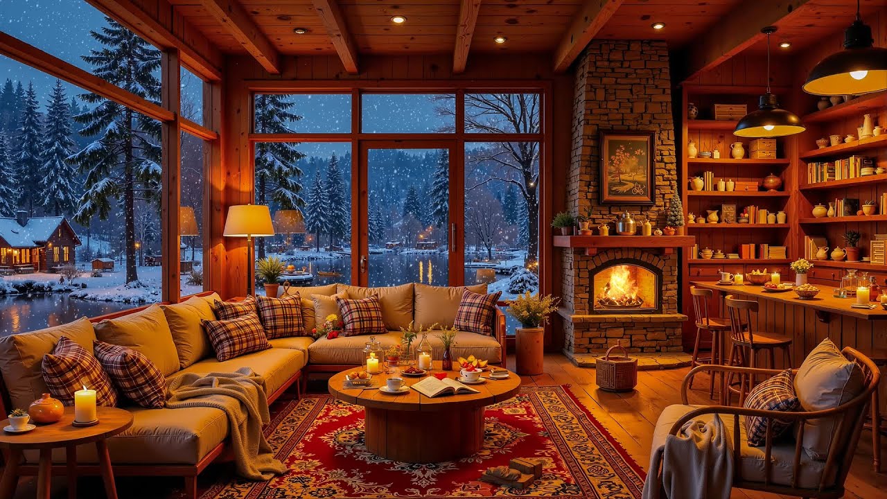Cozy Jazz Relaxing Music & Fireplace Sounds for Calm 🔥 Warm Winter Cabin Ambience & Snowfall