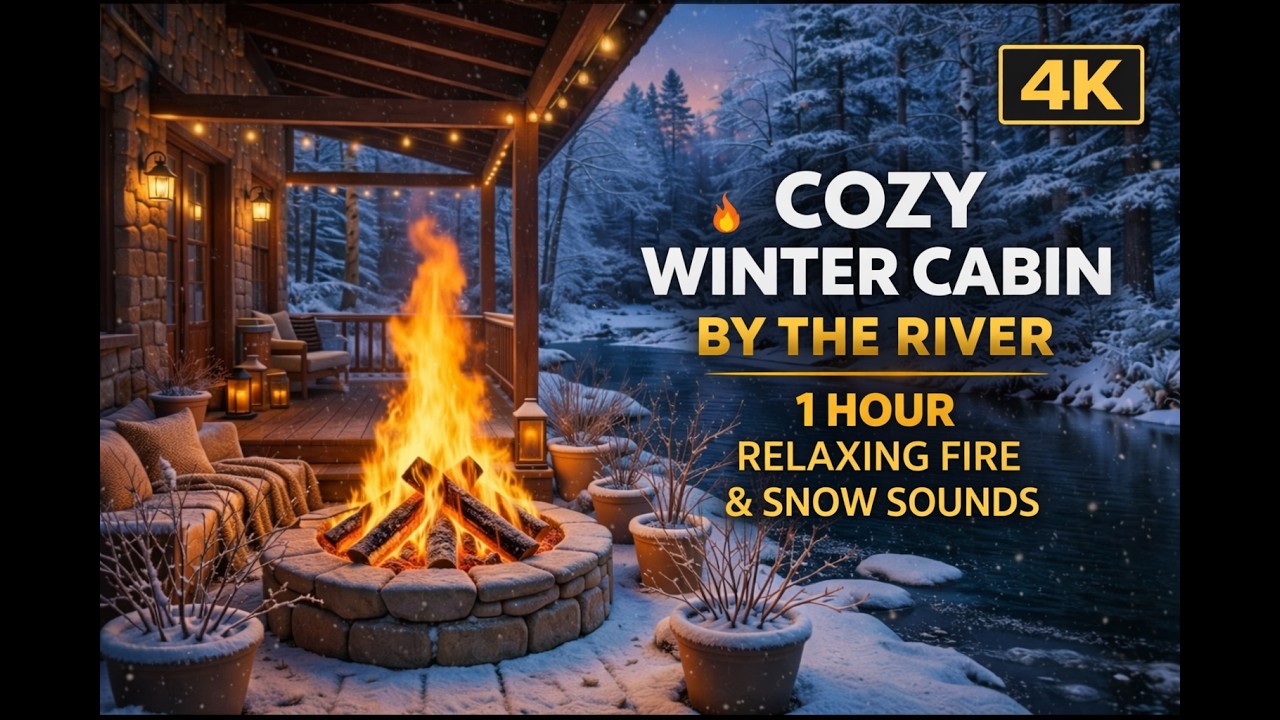 1 Hour Cozy Winter Cabin Fireplace by Snowy River ASMR | Relaxing Crackling Fire & Snowfall Sounds