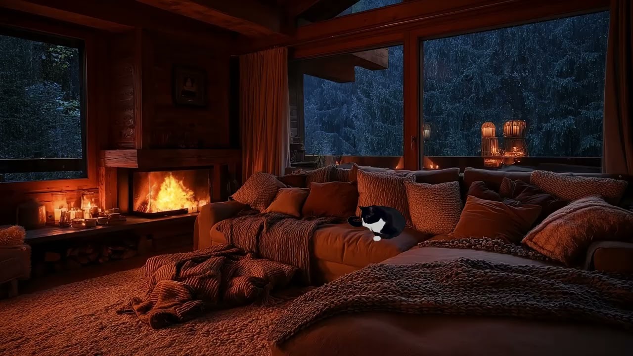 Cozy Gale Cabin Fall Porch Ambience Rain Pumpkins Crackling Fireplace for Sleep & Cozy Evenings