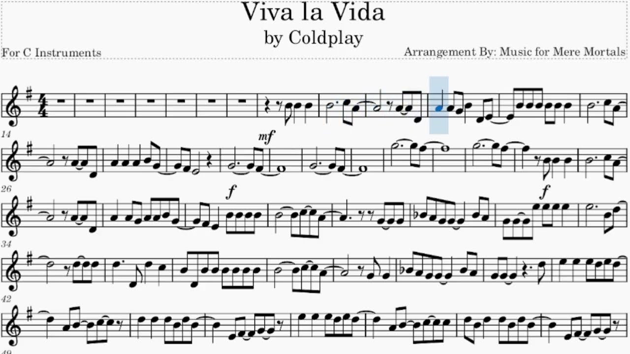 Viva la Vida - by Coldplay - Play Along for C Instruments