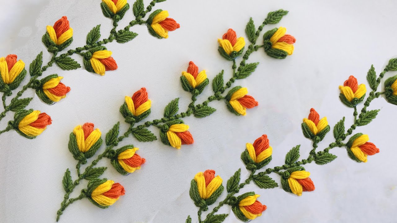 Hand Embroidery: Pop Corn Embroidery , Vine Embroidery - Embroidery For Beginners - Towel Embroidery