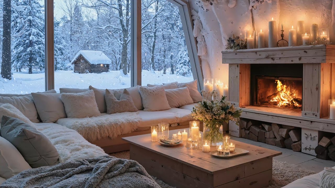 ❄️ Gentle Winter Piano Lounge | Soft Piano Sounds & Warm Fire | Study Calm Focus Relax