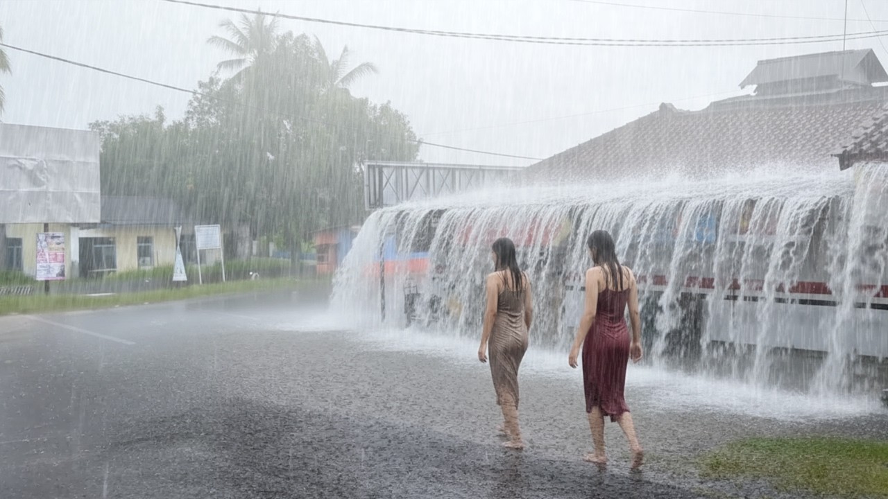 Heavy rain in history in the village, heavy rain strong winds & lightning, flooded roads