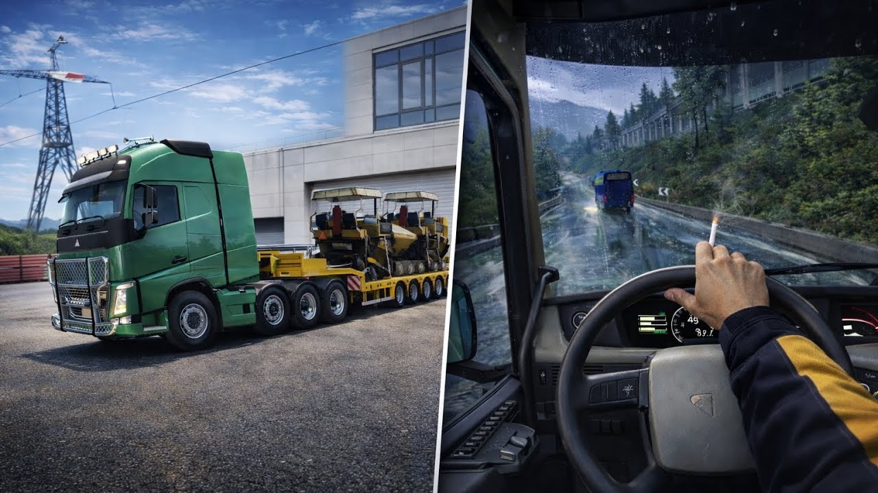 35 Tonnes Asphalt Paver delivery. Tremola to Airolo .. truckers of Europe 3 ..Volvo FH 16 ..