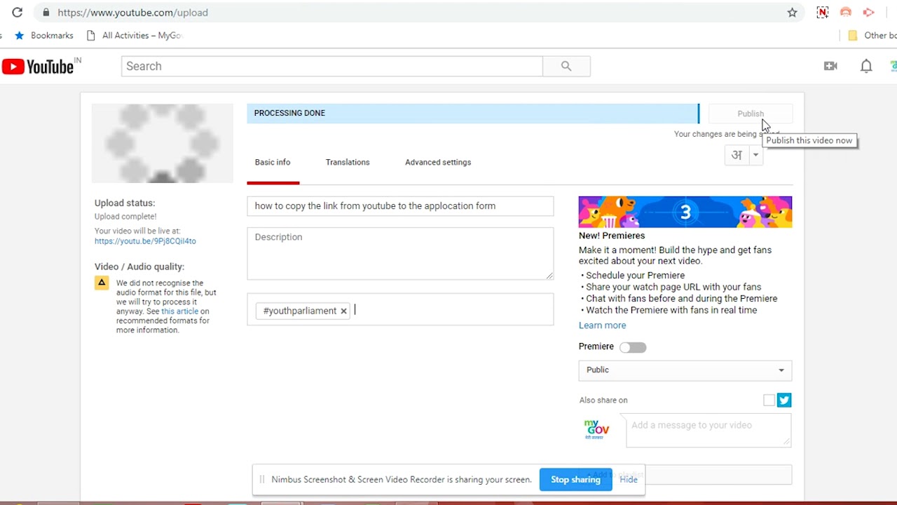 demo of how to upload video link from youtube to the application form