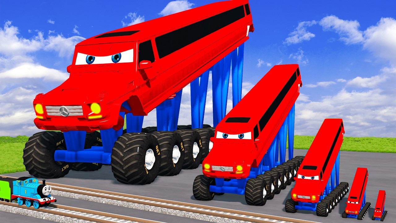 Big & Small Long & Tall Red Vizor Mcqueen with Monster Truck Wheels vs Trains - BeamNG.drive