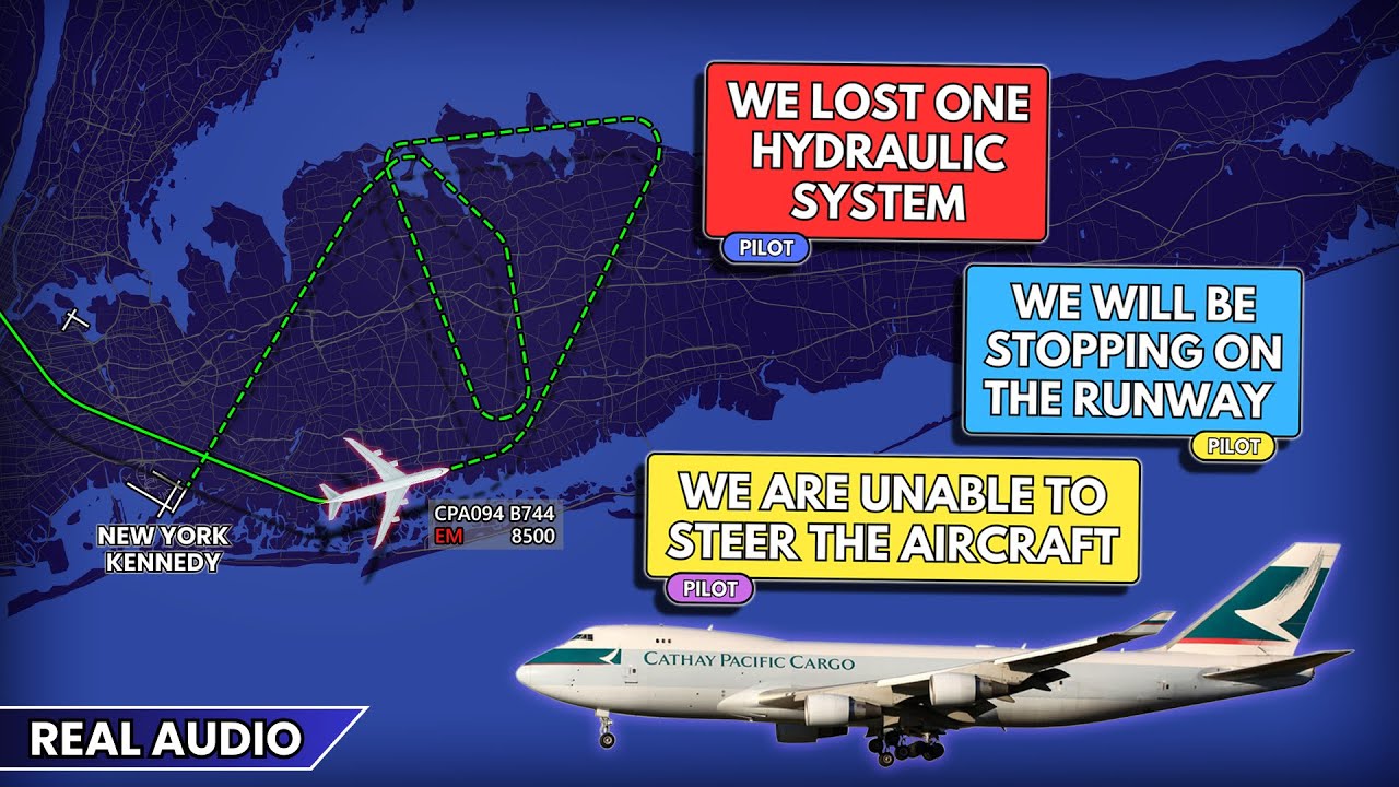 Cathay Boeing 747 needs a tug to get off the runway at JFK. Hydraulic system failure. Real ATC