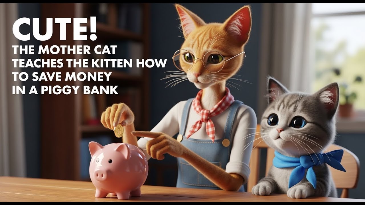 Cute! The mother cat teaches the kitten how to save money in a piggy bank.