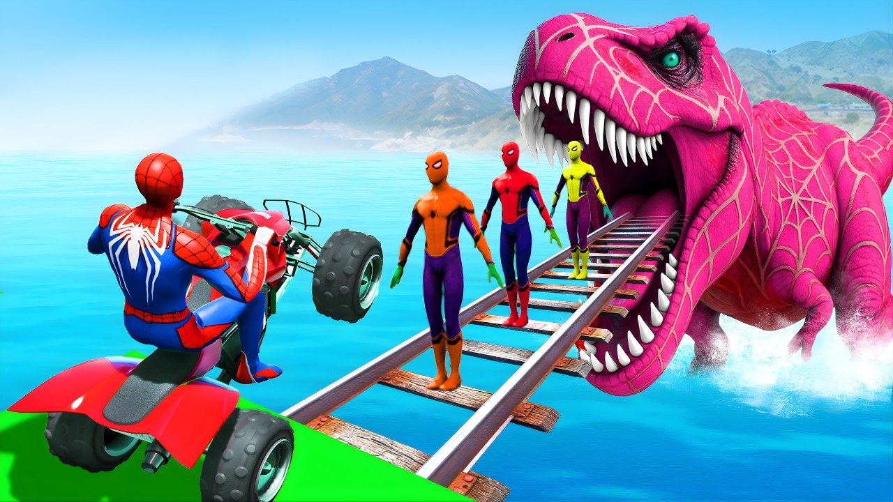 RAINBOW SPIDER-MAN against DINOSAURS vs Superhero on Motorcycle l Epic GTA 5 Challenge Funny Games