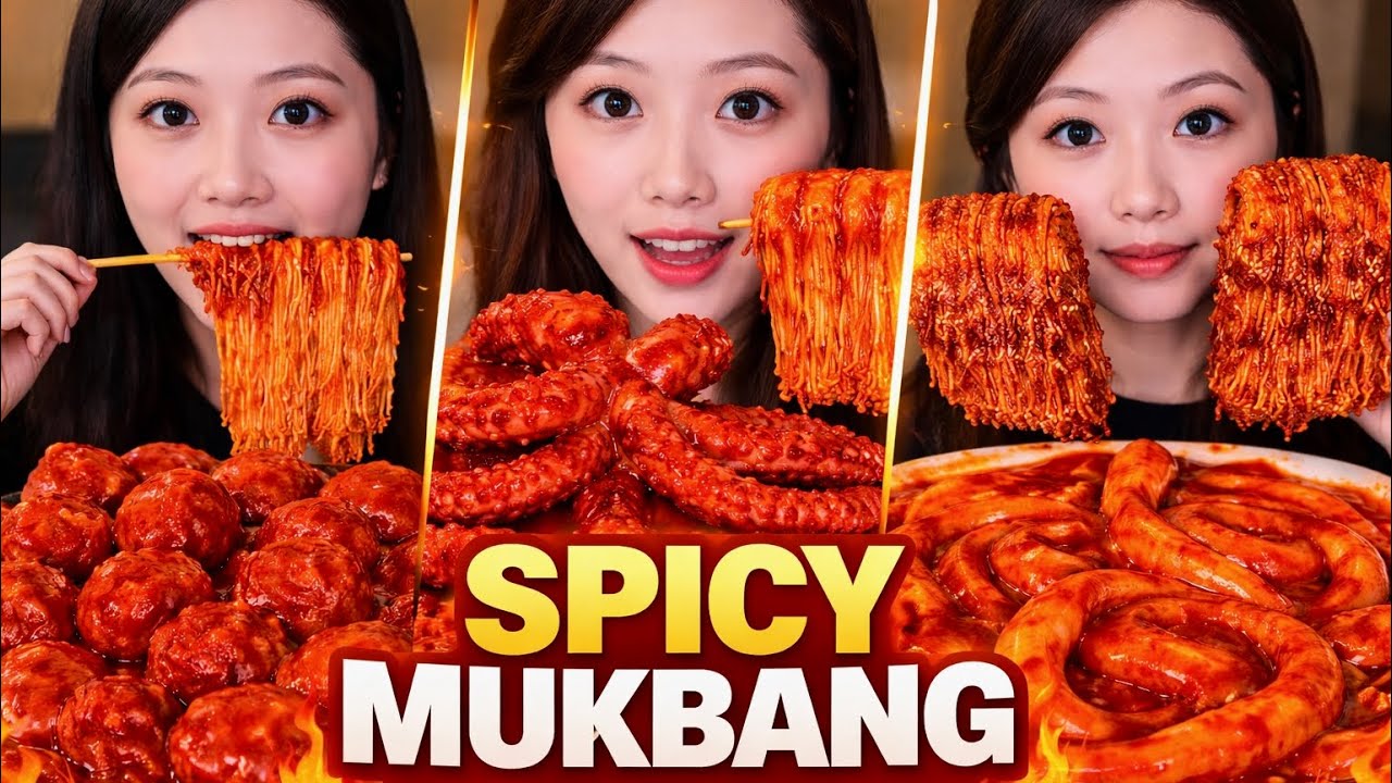 POV: Spicy Noodles & Enoki Mushrooms in Red Sauce with Octopus | ASMR Eating Sounds