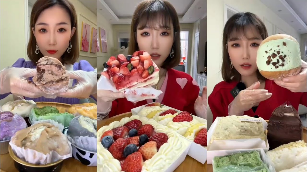 Asmr 🍓 Strawberry Cake,Mini Cakes,🍡 Colorful Creamy Mochi,Container Cake🍰Mukbang