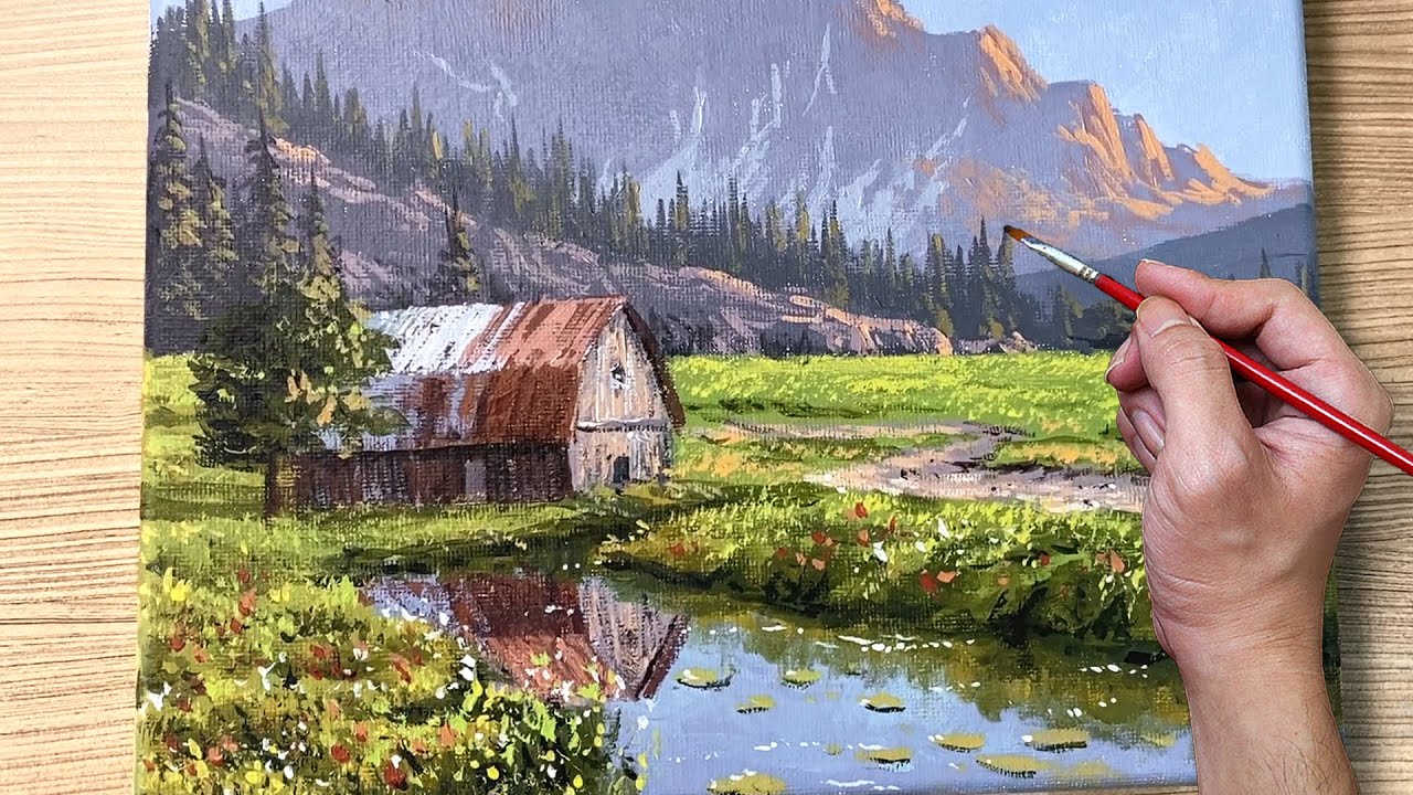 Acrylic Painting Barn by the River Landscape