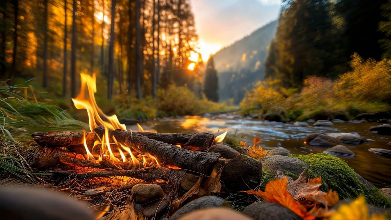 Peaceful Morning Fireplace Ambience in Autumn Forest 🍂 Campfire & Calming River Sound for Relaxation