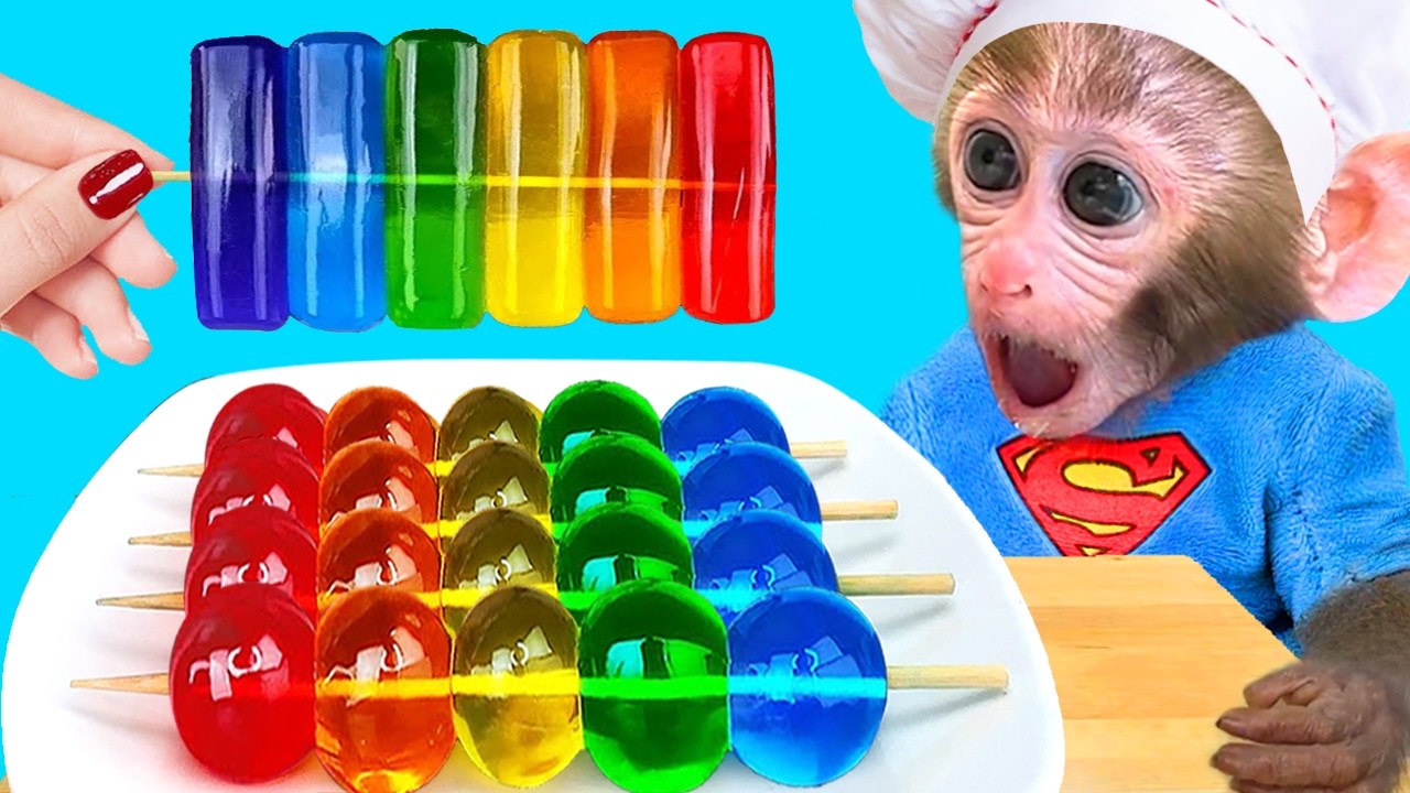 🔴LIVE – Monkey Baby BonBon eats rainbow jelly with puppies and bathes with ducklings in the bathroom