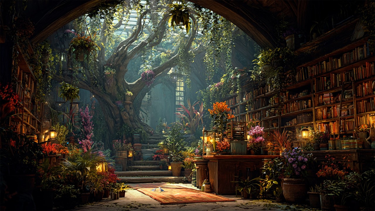 Cozy Ancient Botanical Library 📚 Magical Forest Ambience + Nature Music ~ Tree of Knowledge