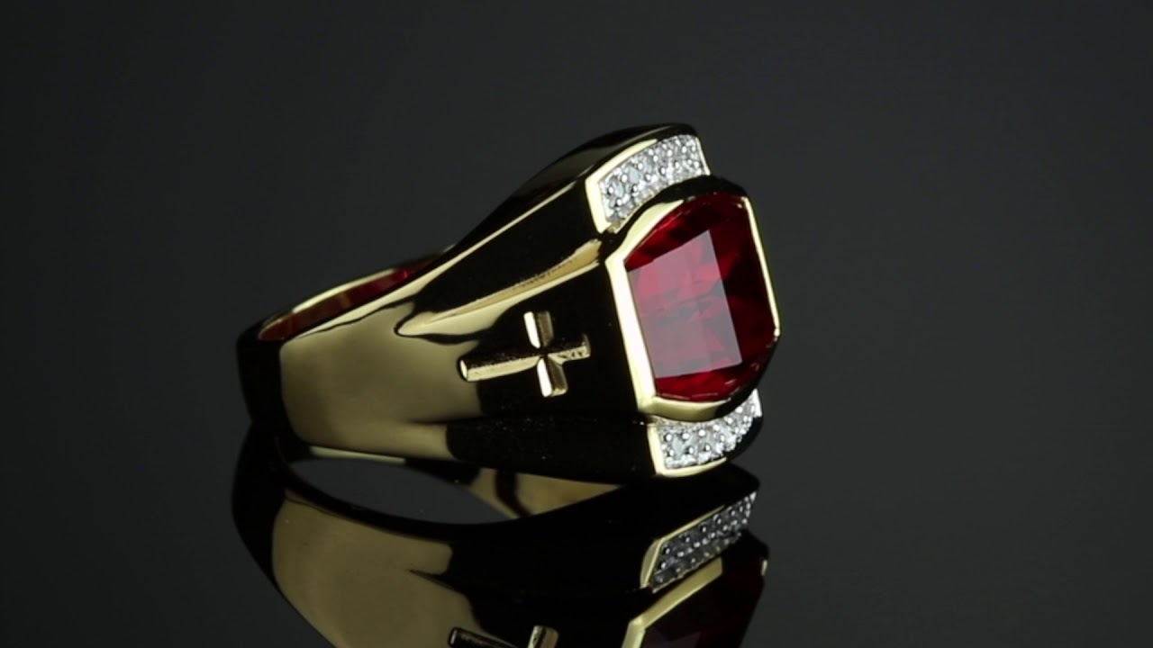 Mens' Cushion-Cut Created Red Ruby And Diamond Ring 18k Yellow Gold-Plated