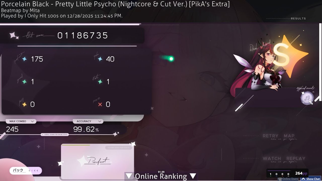 Porcelain Black - Pretty Little Psycho (Nightcore & Cut Ver.) [PikA's Extra] (99.62%) +HR FC