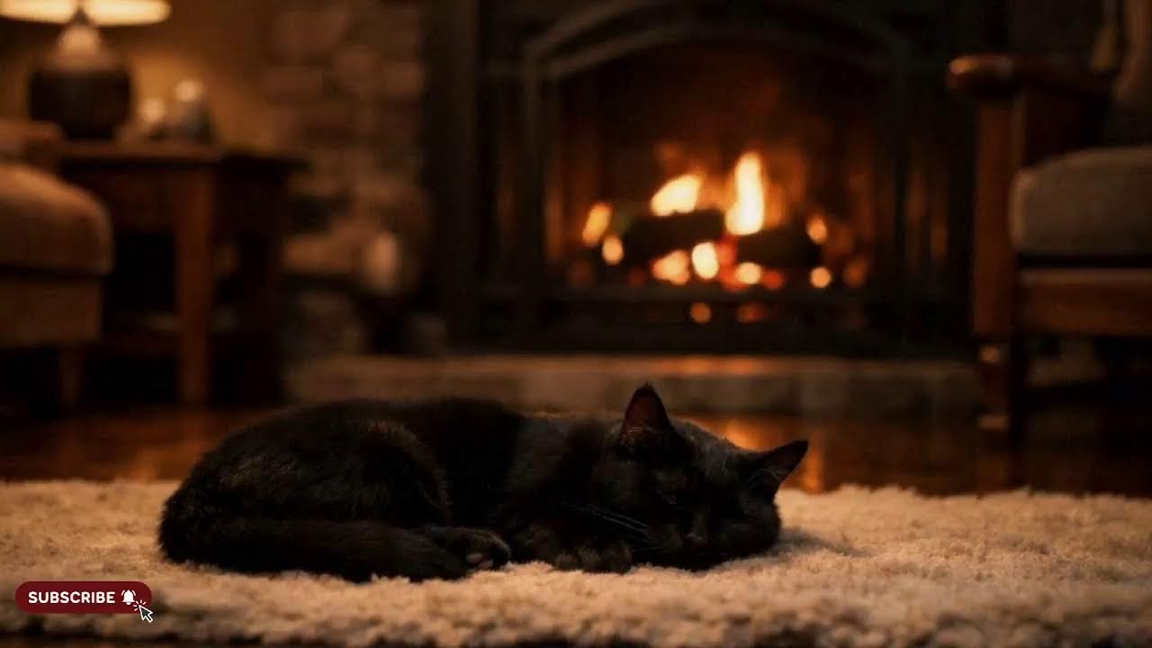 Black Cat Sleeping by the Fireplace 🔥 Cozy Night Ambience for Deep Sleep