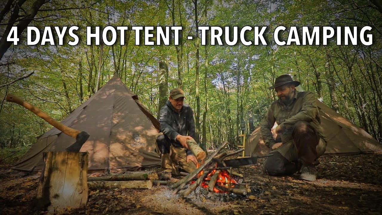 uk hot tent camping in rain - camp fire cooking