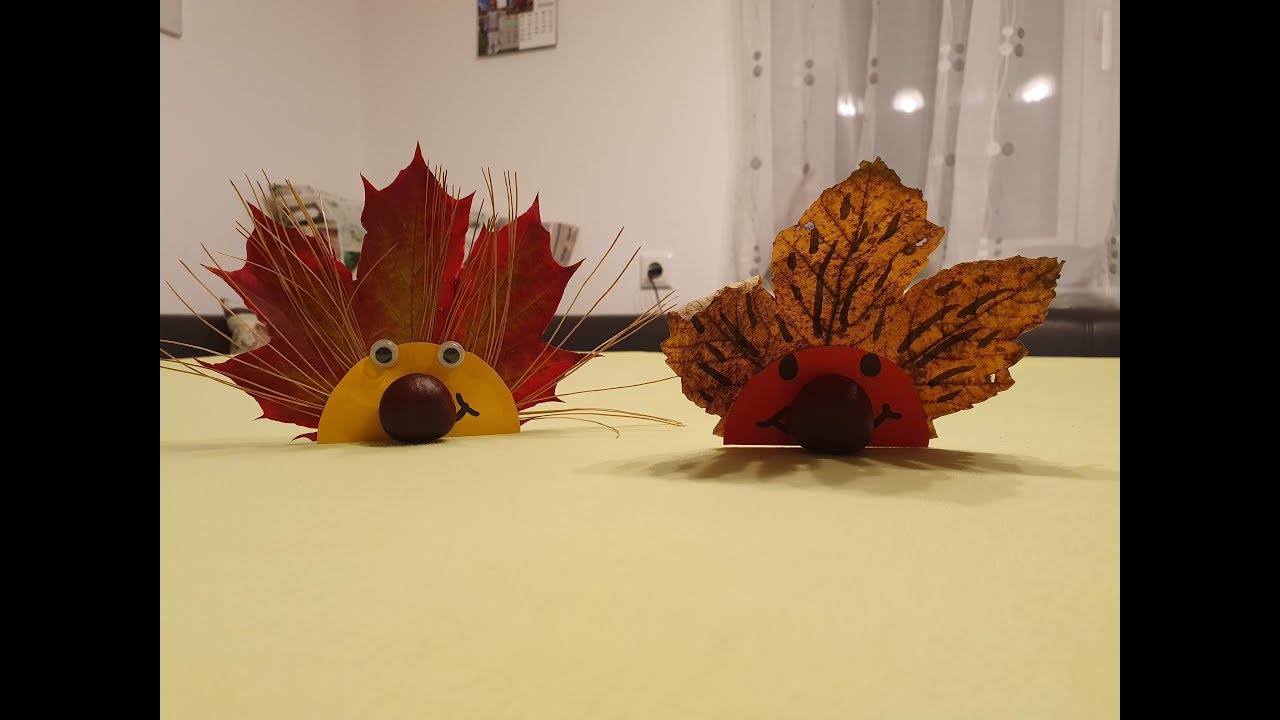 Herbst Dekoration / Basteln mit Kindern:  süße Blätter Igel mit Kastanie