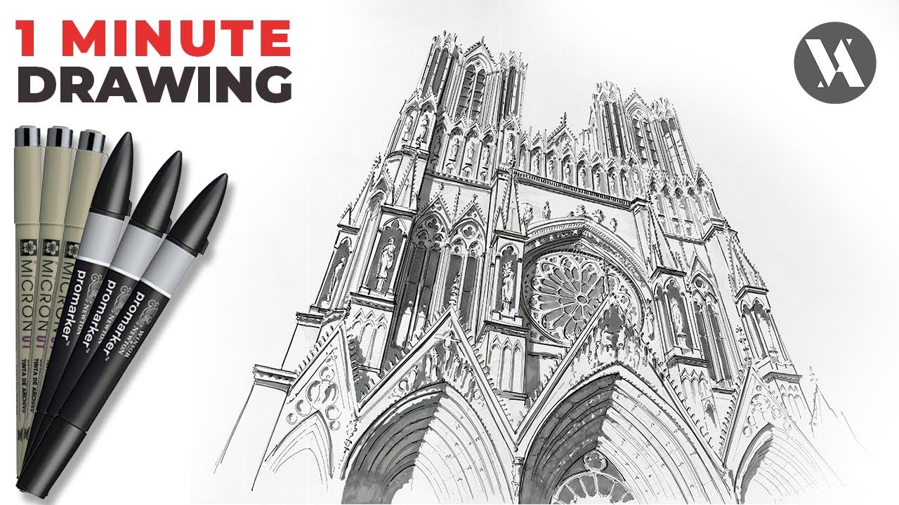 Notre Dame de Reims Cathedral Freehand Architecture Drawing Speedpainting Timelapse Video ★ 4K ★