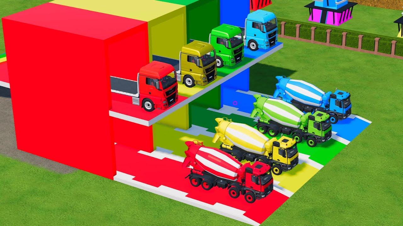Garage with Colors  - ALL MIXER TRUCK WITH  FLATBED TRAILER TRUCK ,SCANIA, MAN   FS22