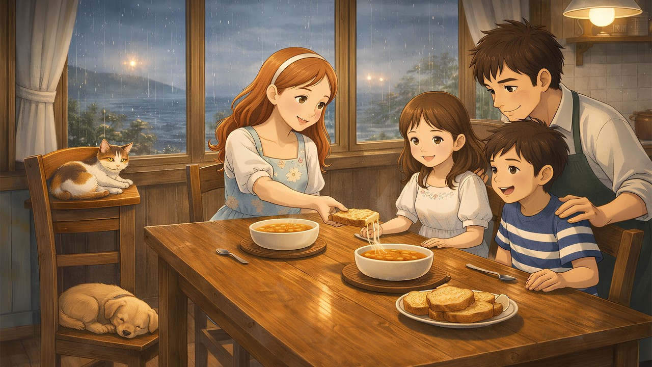 Coastal Life | A Cozy Rainy Day Baking Apple Pie with Mom and Dad | Ghibli Style ASMR