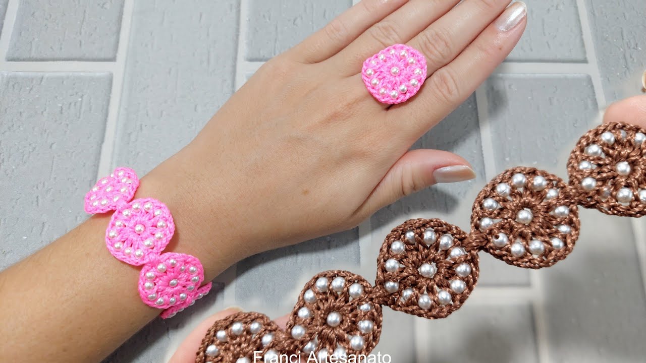 PULSEIRA CÍRCULO DE PÉROLAS DE CROCHÊ 😍 Olha que linda 