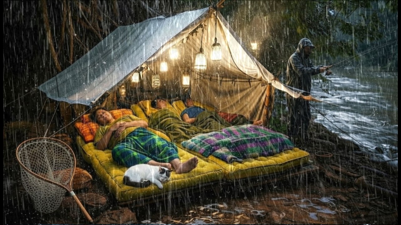 CAMPING DURING HEAVY RAIN AND THUNDER  Struggling to build a shelter with a cat during lightning