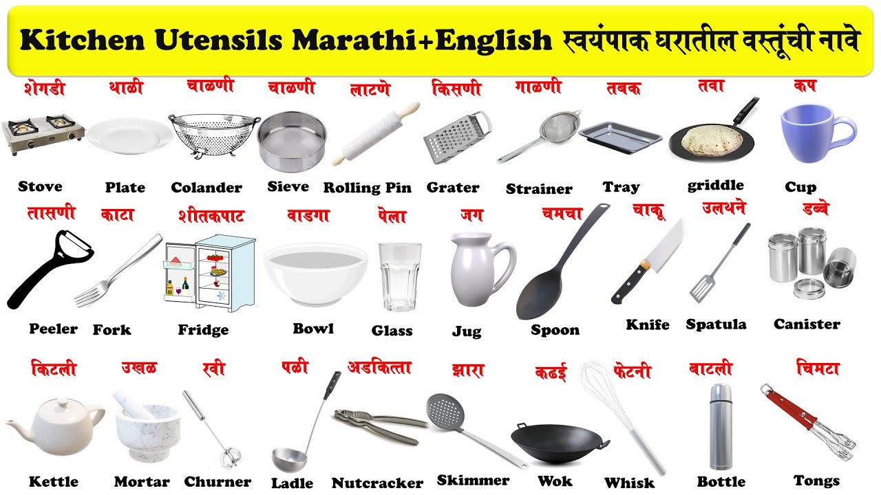Kitchen Utensils name in english and marathi with pictures | स्वयंपाक घरातील वस्तूंची नावे pdf सह |