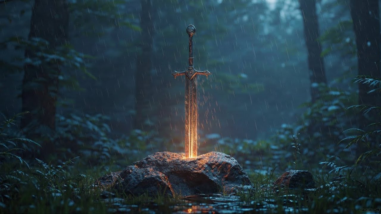 Medieval Sword Echoes Through Dark Fantasy Forest in Rain