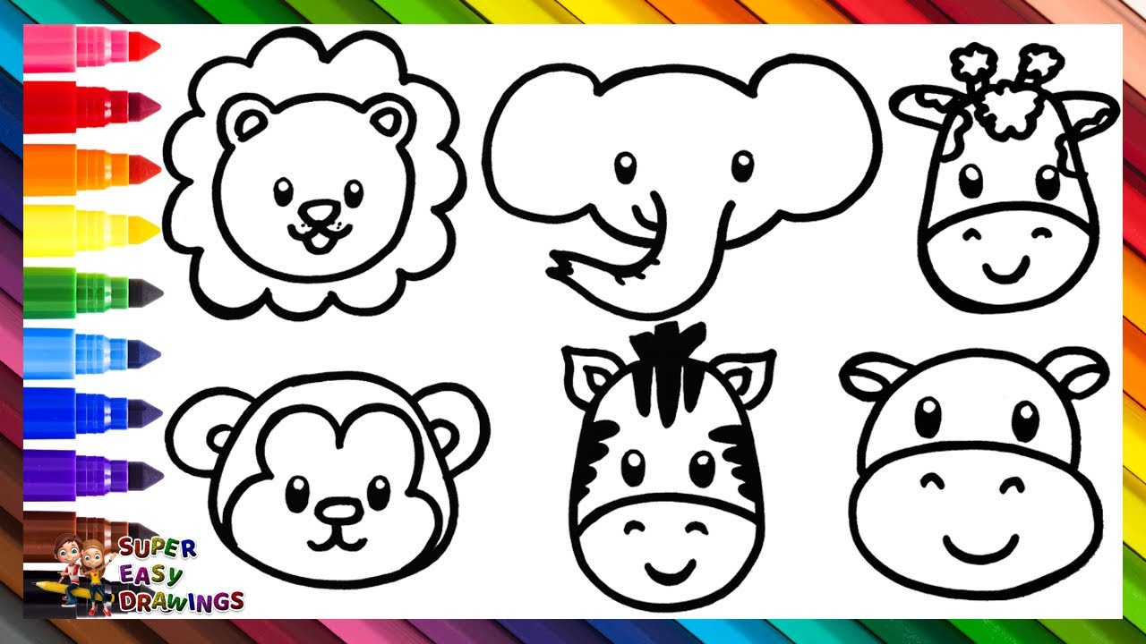 Drawing and Coloring Cute Wild Animals 🦁🐘🦒🐵🦓🦛🌈 Drawings For Kids