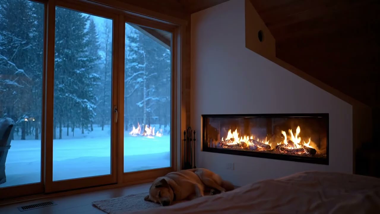 Peaceful Snowy Night Bedroom ❄️ | Fireplace & Sleeping Dog (1 Hour)