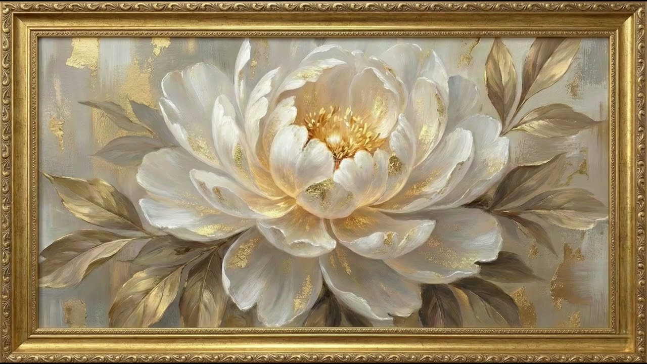 White & Gold Peony Floral Painting | 4K Luxury TV Wall Art Screensaver