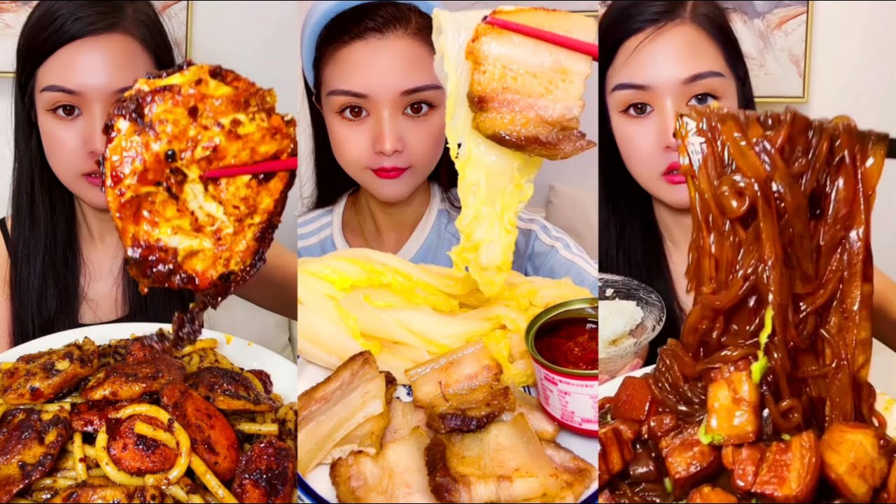 Chinese food mukbang with a variety of dishes | Spicy Noodles Egg, Pork Belly, Beef Curry and Rice