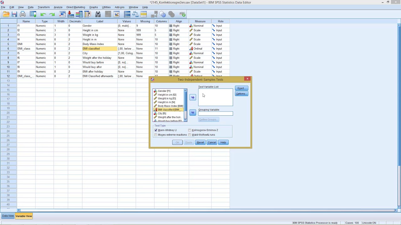 SPSS - U-тест Манна-Уитни (2 независимые выборки, порядковый)
