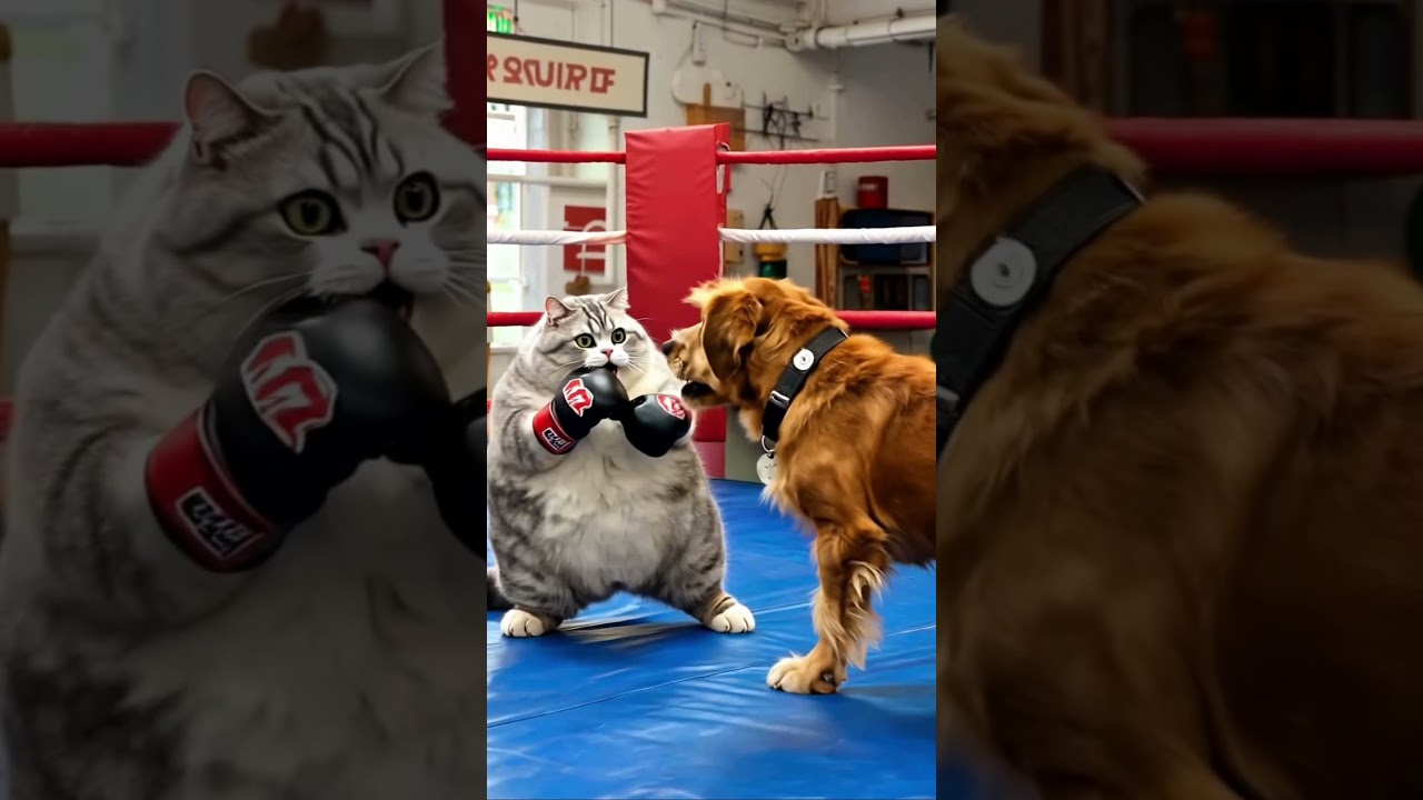 Cat and Dog boxing on the ring.
