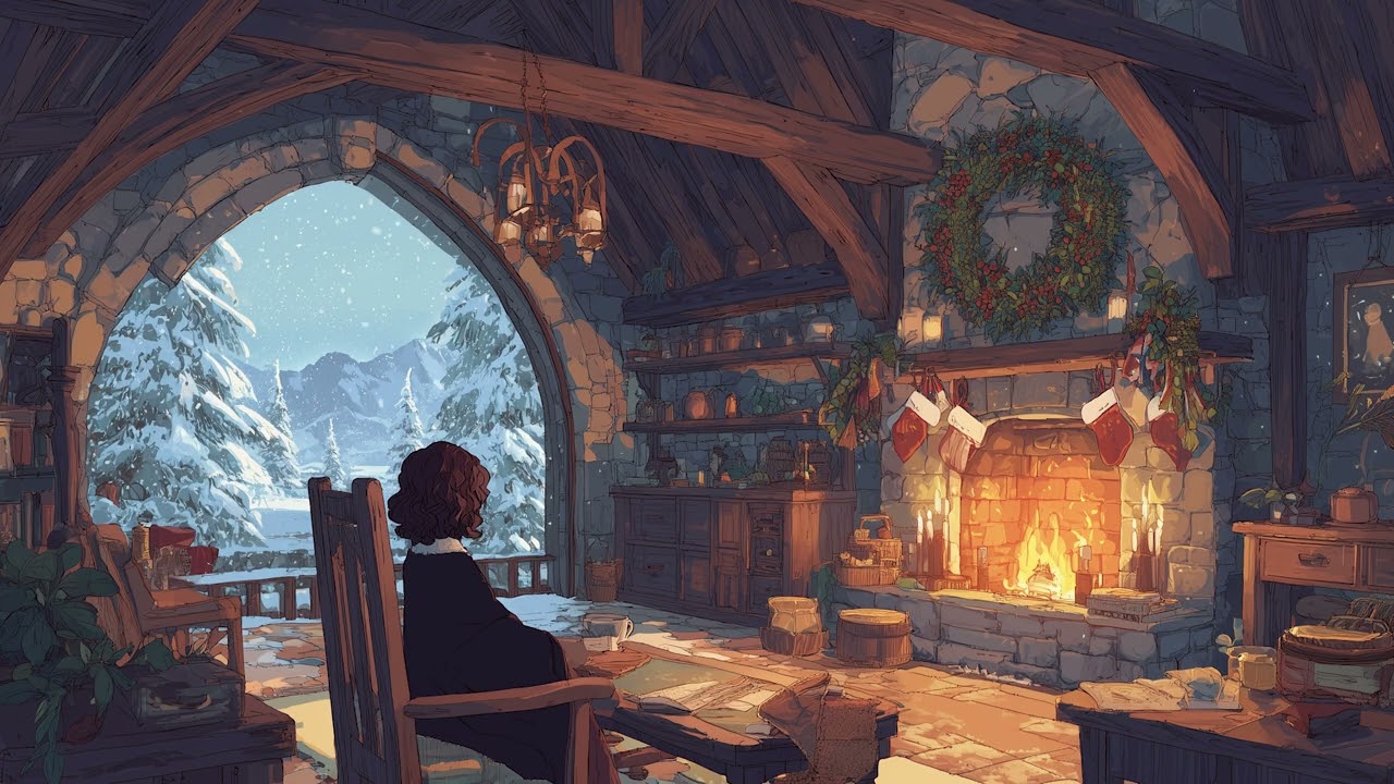 Cozy Winter Fantasy Cottage | Medieval Music | Fireplace Ambience & Snowy Mo