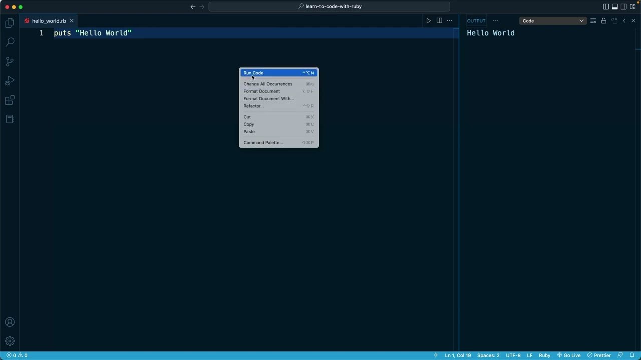 Learn to Code with Ruby V2 - 01 - Introduction & Installation - 17 - Run Ruby File with Code Runner