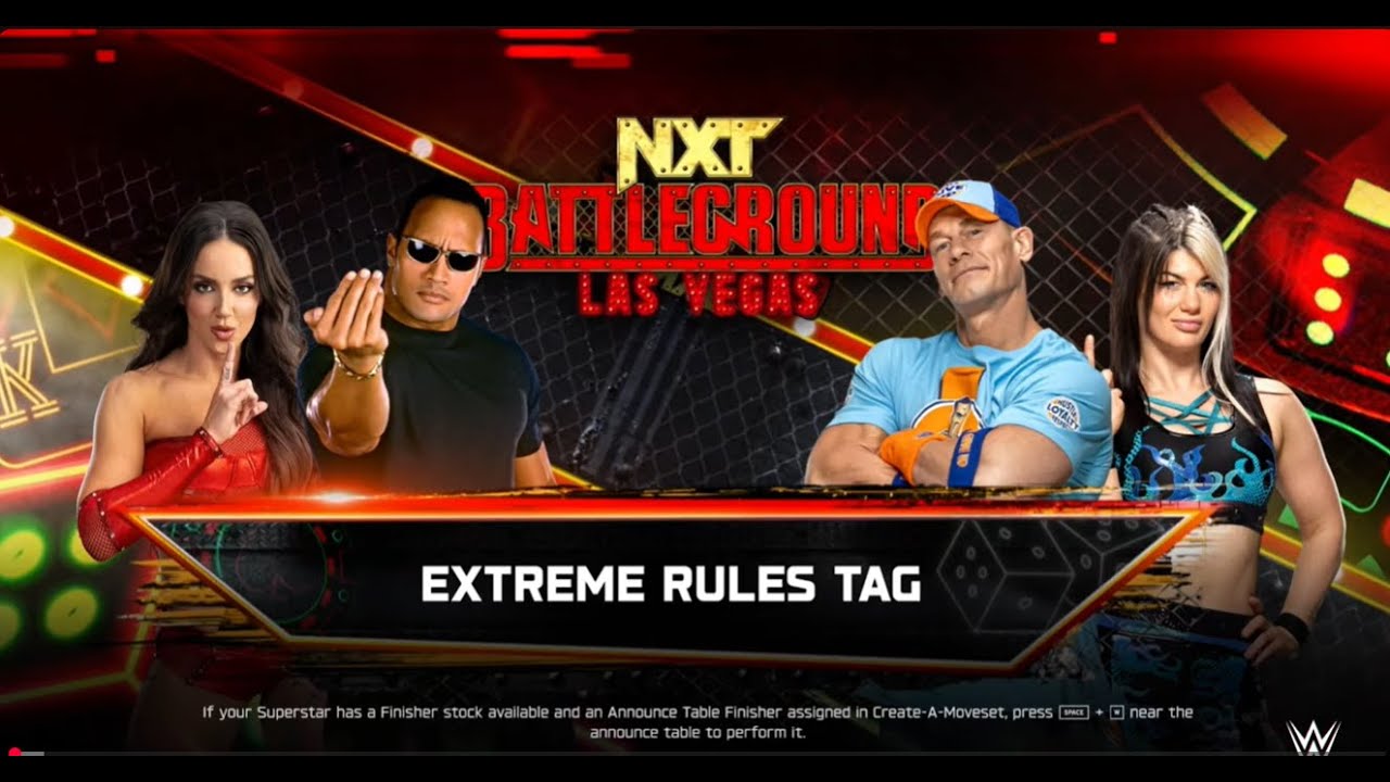 4 Superstar Tag team Extreme rules The Rock/Chelsea Green vs John Cena/Bela Dauenport LOS Vegas