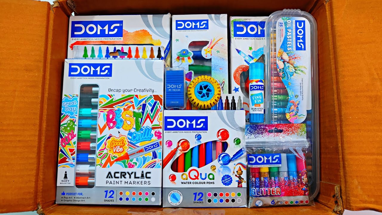 Showing Doms Stationery items 📚, Paint Marker, Oil Pastels, Magic Pen, Eraser, Water Colour, Crayons