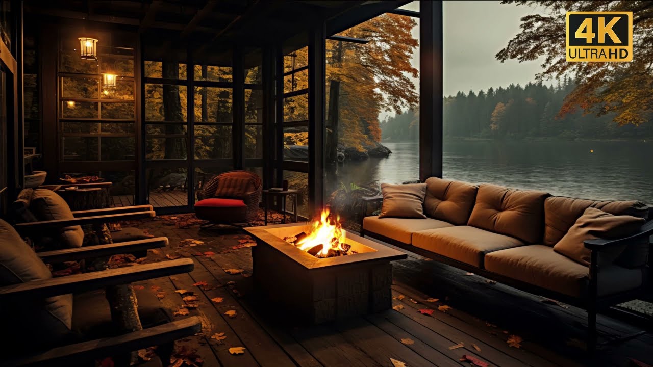 Cozy Lakeside Fireplace 🍂 6 Hour Autumn Cabin Ambience