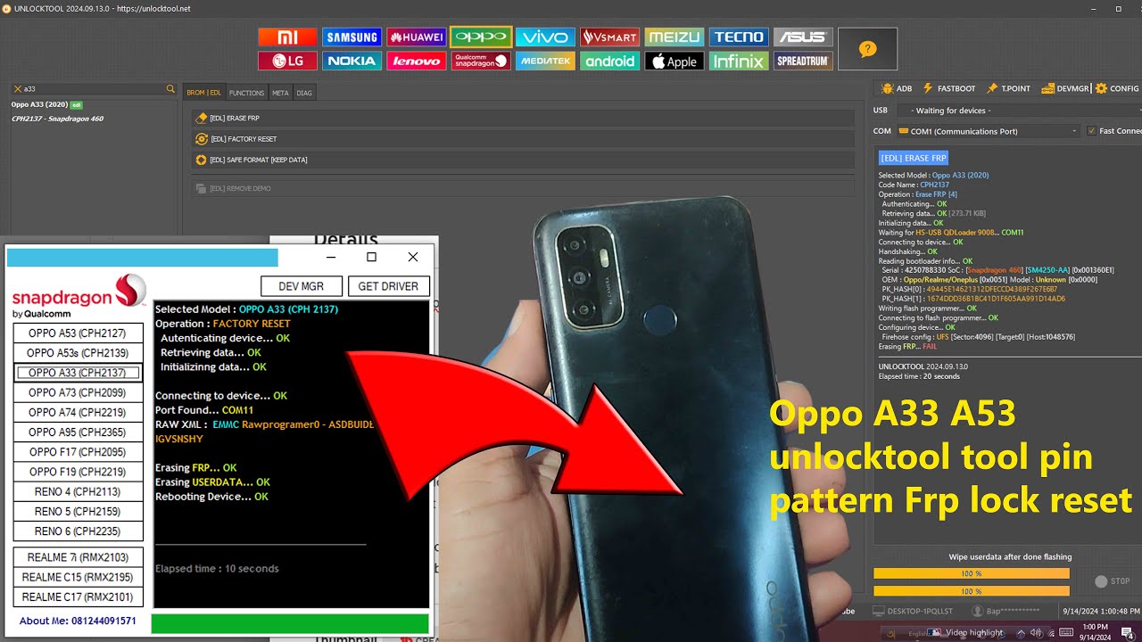 Oppo A33 A53 unlocktool tool pin pattern Frp lock reset  100% solution id pas