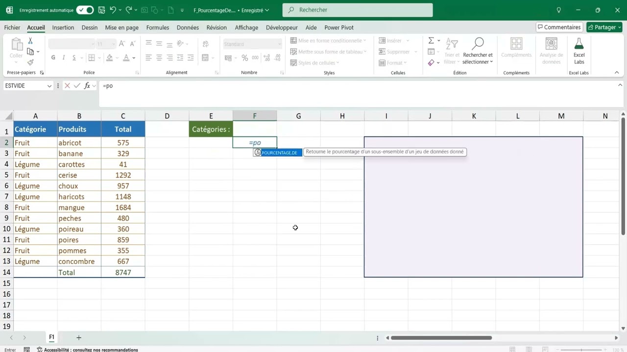 Excel - fonction POURCENTAGE.DE, calculer la proportion d'une valeur par rapport à un ensemble...