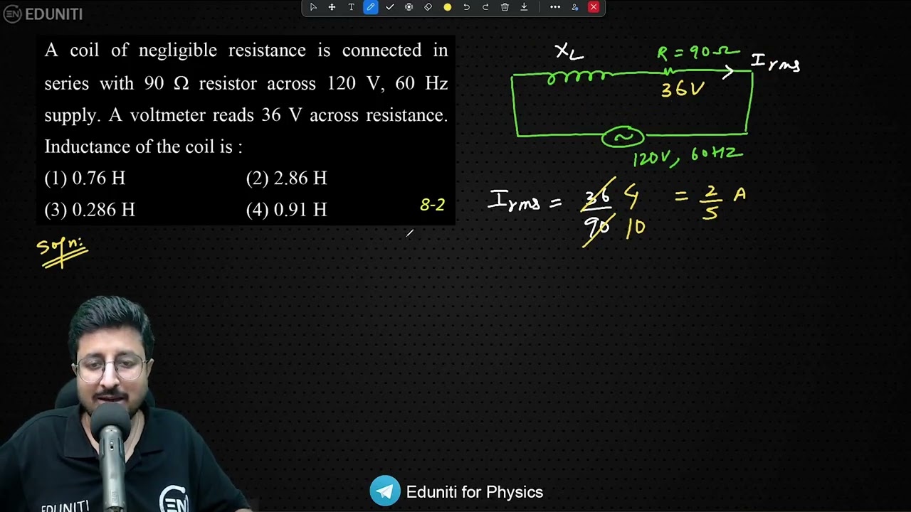 A coil of negligible resistance is connected in series with 90 &Omega; resistor across 120 V, 60 Hz supply