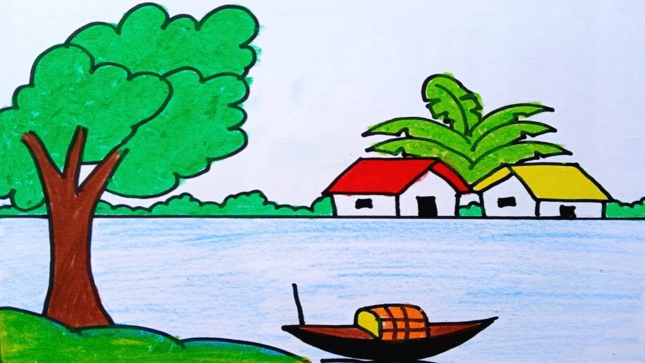 Simple scenery drawing|Nature scenery drawing|Scenery drawing for competition