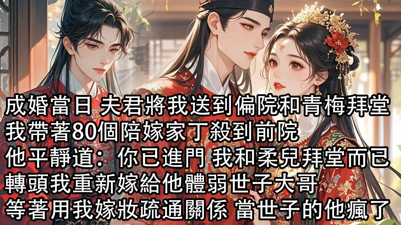 【一口氣看完】成婚當日 夫君將我送到偏院和青梅拜堂，我帶著80個陪嫁家丁殺到前院，他平靜道：你已進門 我和柔兒拜堂而已轉頭我重新嫁給他體弱世子大哥，著用我嫁妝疏通關係 當世子的他瘋了