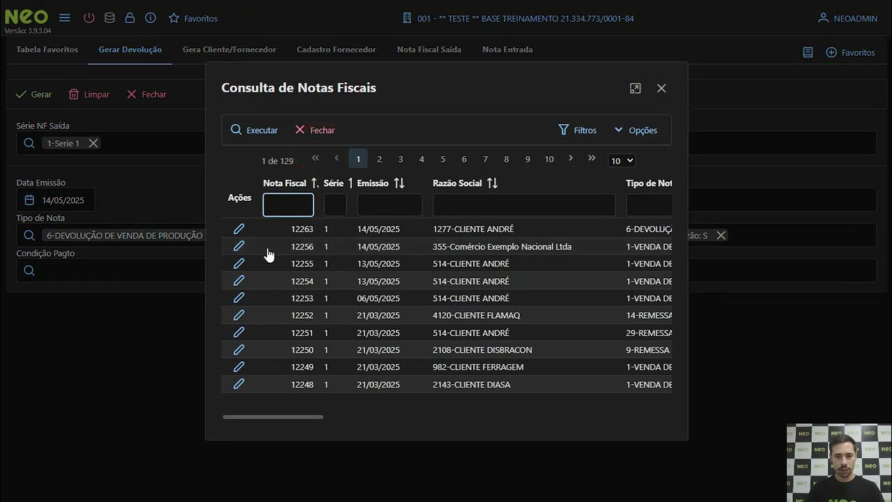 Gerar Devolução Nota Fiscal