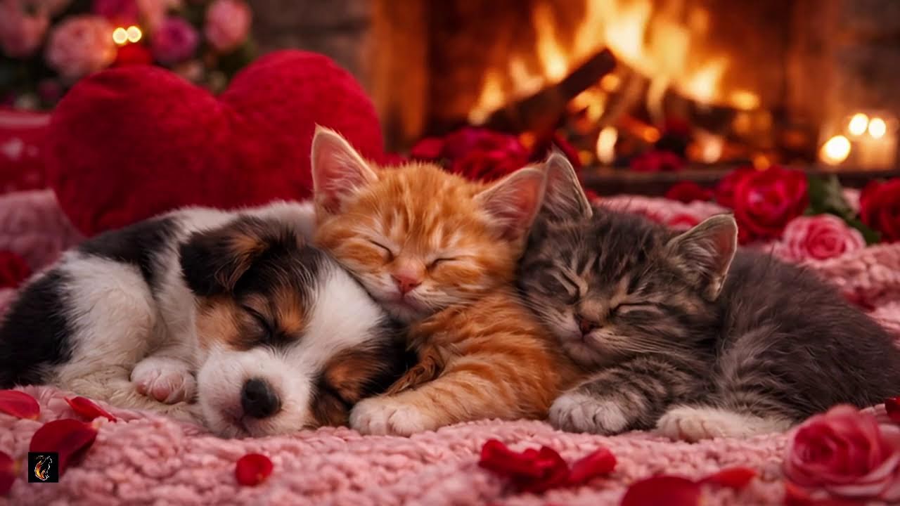 ❤️ Valentine Fireplace Snuggles 🐶🐱 Sleeping Puppy & Kittens